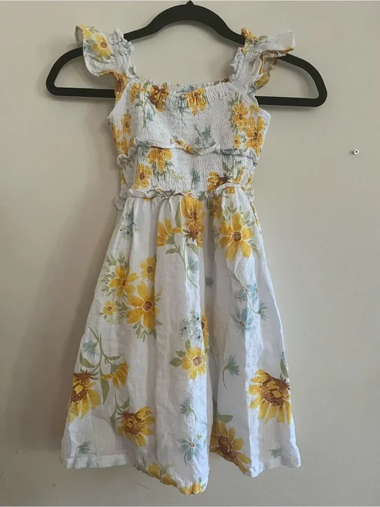 Old Navy Girls Sunflower Floral Smocked Midi Dress Small White Yellow Cottage