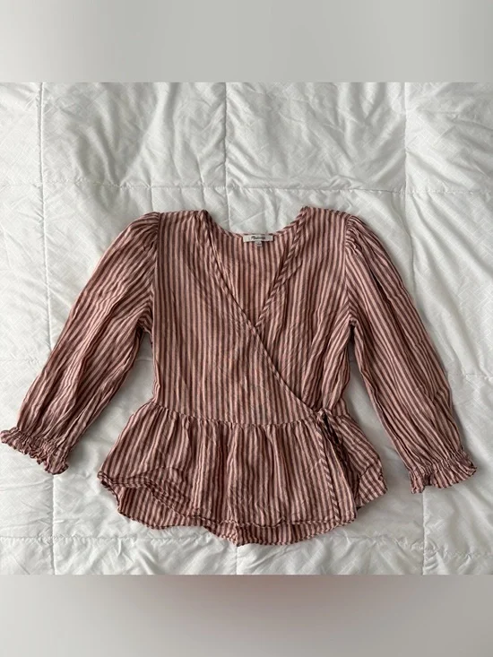 Madewell Puff Sleeve Peplum Wrap Top S Pink Stripes Cotton Preppy Peasant Boho