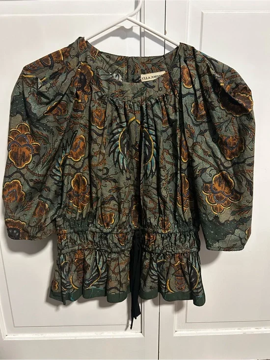 Ulla Johnson Olive Green and Brown Botanical Puff-Sleeve Blouse