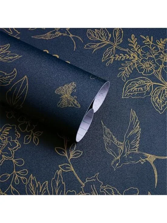 Blue Gold Floral Peel Stick Wallpaper Vintage Bird Contact Paper Removable Roll
