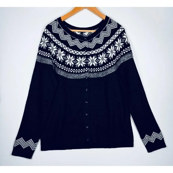 Talbots Cardigan Sweater Womens Large Black White Fair Isle Nordic Button Front‎