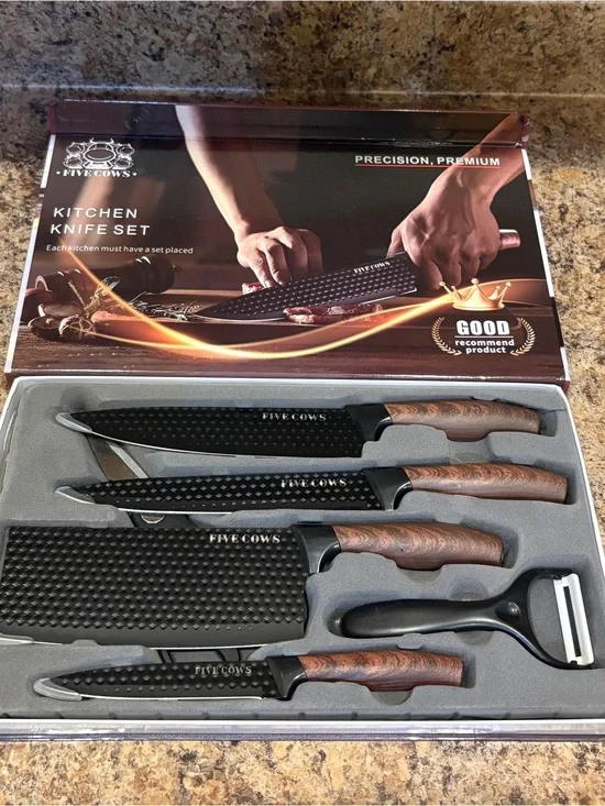 FIVE COWS Black Kitchen Knife Set with Wood-Tone Handles