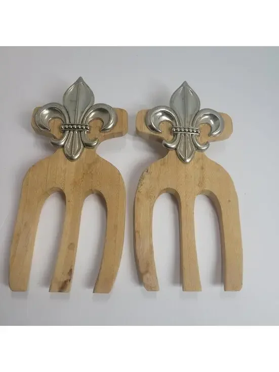 Bamboo Salad Hands Claws Serving Utensils w/ silver Metal Fleur De Lis Wood 2