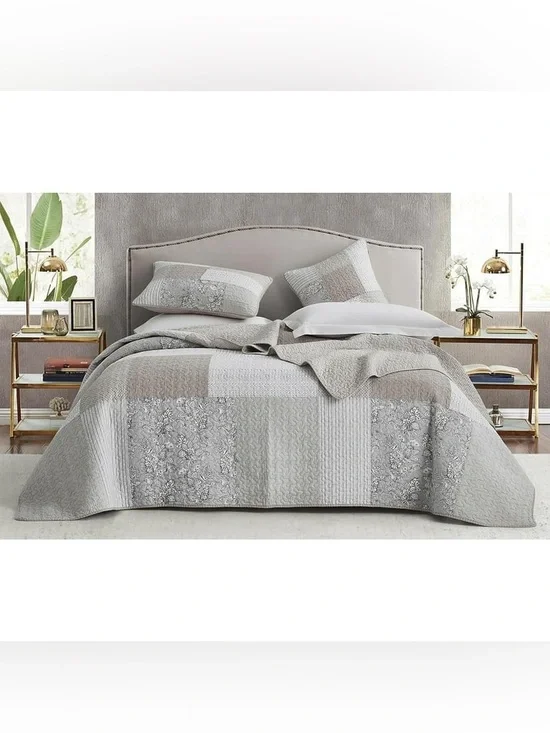 Luxury Neutral Patchwork Queen 3 piece Quilt Set - Gray/Taupe 100% cotton