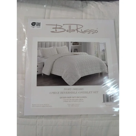 Bella Russo Queen Size 3 Piece Reversible Coverlet & Shams Set Ivory Quilted NEW