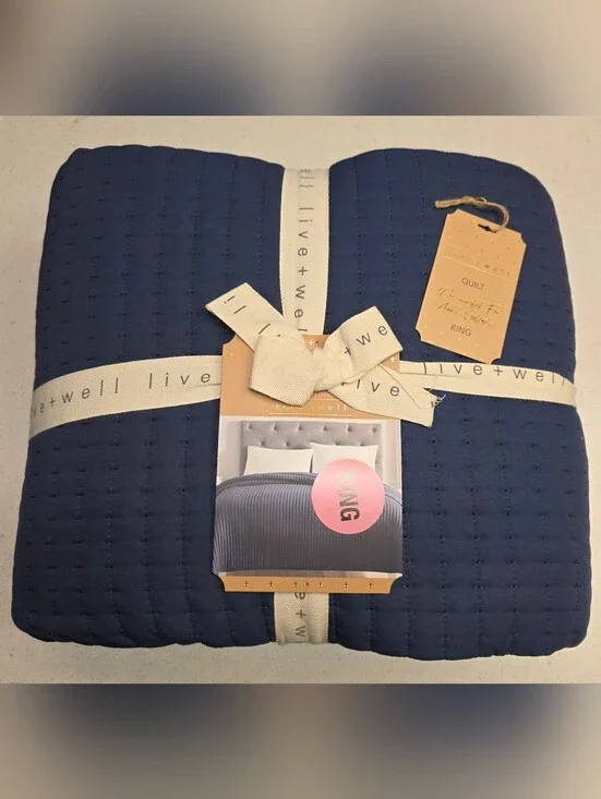LIVE & WELL Garment Washed Box Stitch Quilt KING Size Logan DENIM Blue - NEW