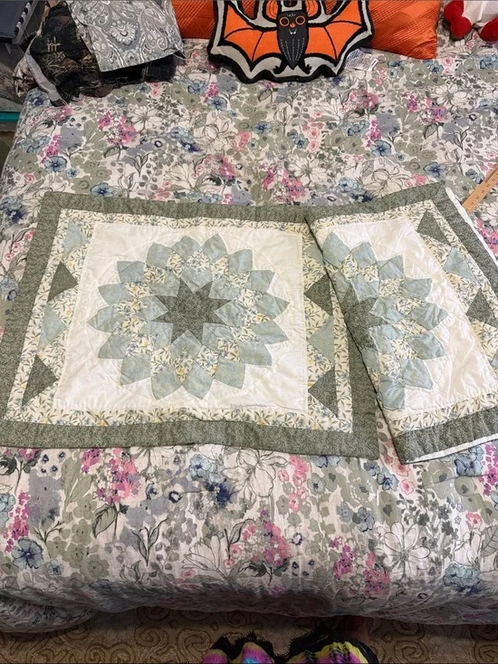 Handmade Quilted Pillow Shams in Soft Sage and Cream