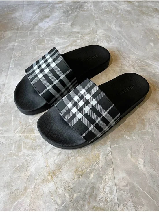 Burberry Black & White Check Slide Sandals