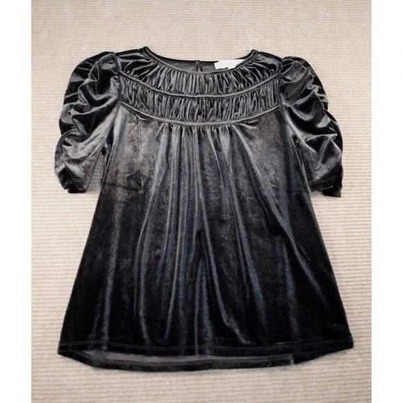 NWT LOFT Black Velvet Ruched Yoke Summer Goth Puff Sleeve Blouse XS