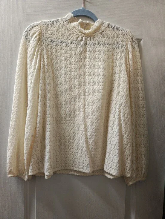LOFT Cream Lace Ruffle-Neck Long Sleeve Blouse