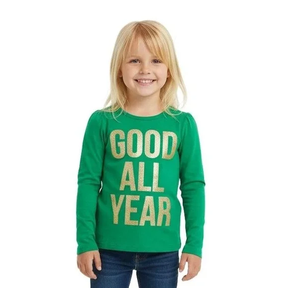 Old Navy Toddler 5T Green Gold Sparkle Good All Year‎ Puffed Long Sleeve Shirt