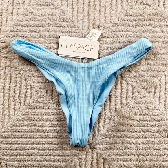 L*Space Cabana Bitsy Bikini Bottoms Women's XS Blue Ribbed High Leg Swim NWT