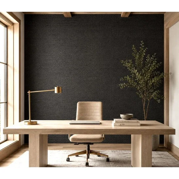 Schumacher Natural Grasscloth Haruki Wallpaper Roll Jet (Black) #5004715 run 007
