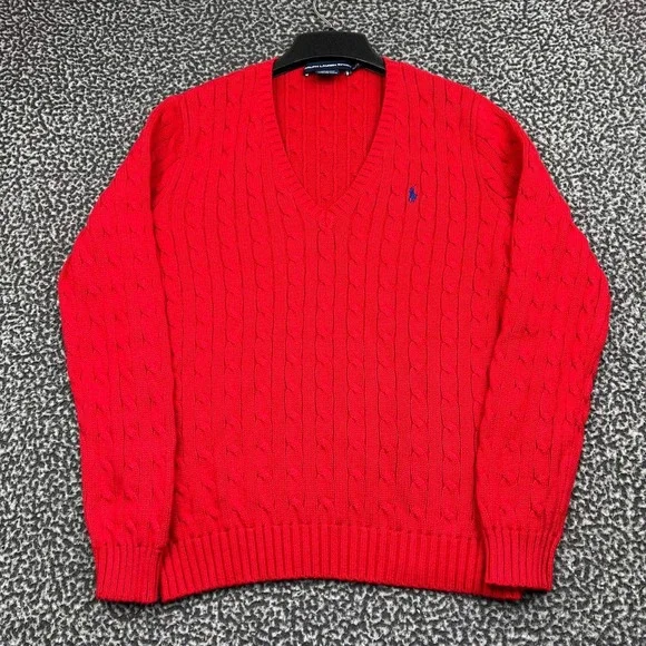 Ralph Lauren Sport Sweater Women XL Red Cable Knit V-Neck Cotton Long Sleeve