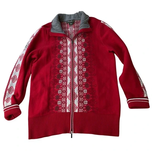 Eddie Bauer Womens Red Fair Isle Full Zip Nordic Snowflake Sweater Mock‎ Neck L