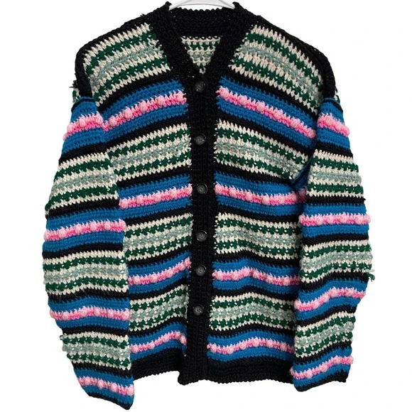 Hand Crocheted‎ Striped Cardigan Chunky Knit Grannycore Sweater w/ Flaw