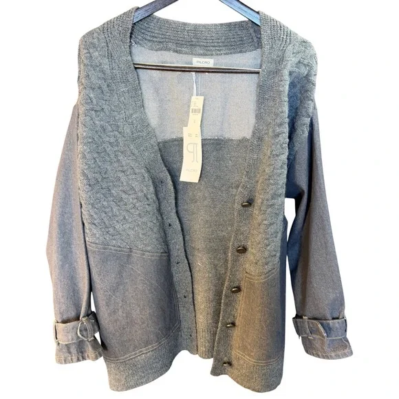 NWT $198 Pilcro Anthropology Wmns M Gray Moto Mixed Media Knit‎ Denim Cardigan
