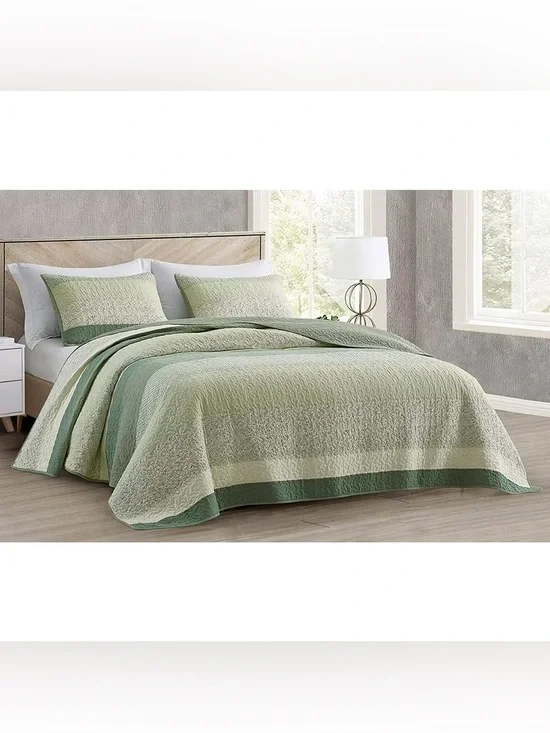 Green Striped Twin 2 piece Quilted Bedspread Set 100% cotton