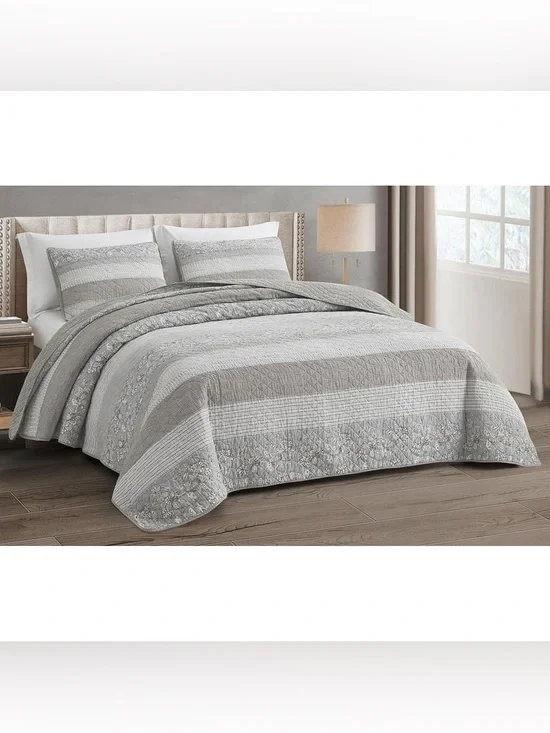 Neutral Gray cal king 100% cotton Quilt Set - Elegant Striped & Floral Bedding