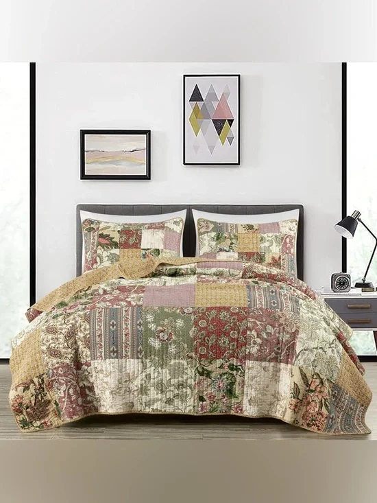 Vintage Patchwork Floral oversized king 3 piece Quilt Set  100% cotton