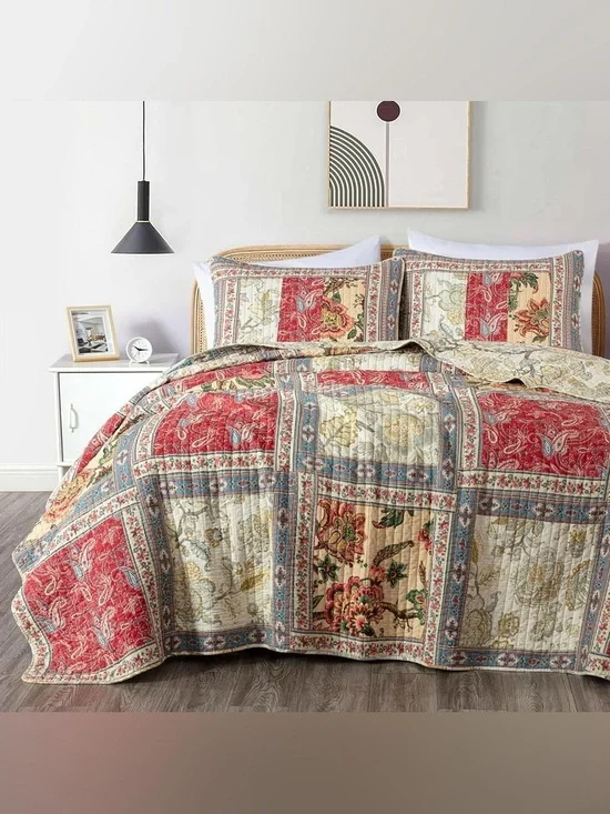 Vintage Patchwork oversized king 3 piece Floral Quilt Set 100% cotton