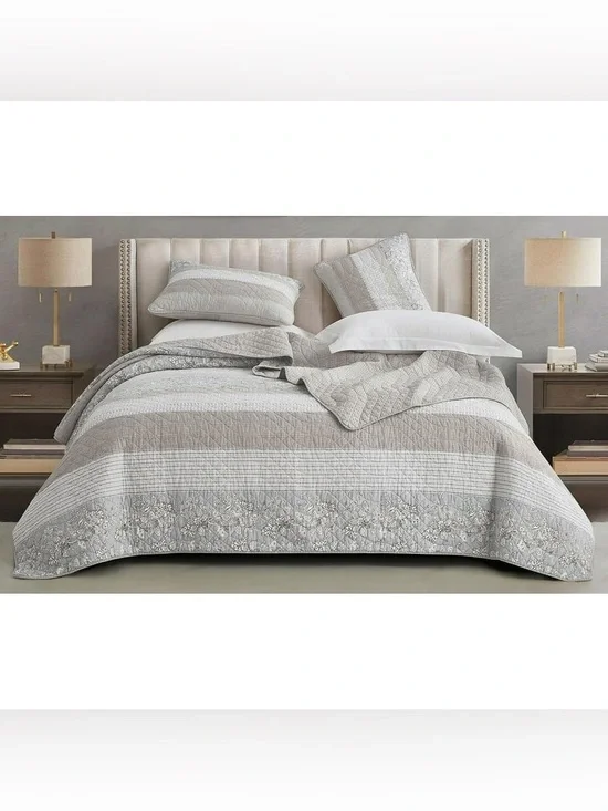 Neutral Stripe king 3 piece Quilted Bedspread Set 100% cotton