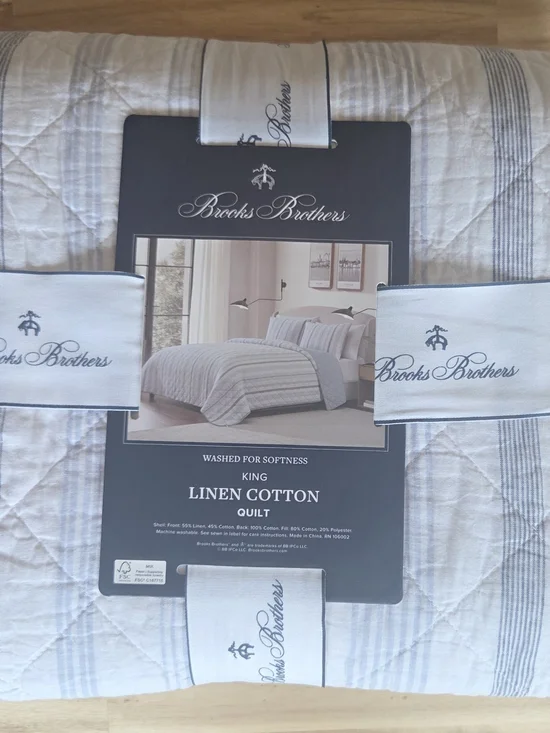 Brooks Brothers King Linen Cotton Quilt - White with Blue Stripe