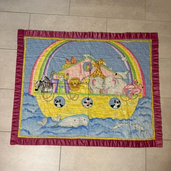 Handmade‎ Quilt Noahs Ark Baby Blanket Toddler Nursery Throw Animals 34x42
