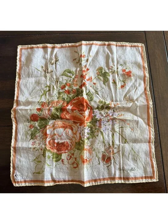 Vintage Flora Stoffels Handkerchief With Orange Roses & Bugs Print