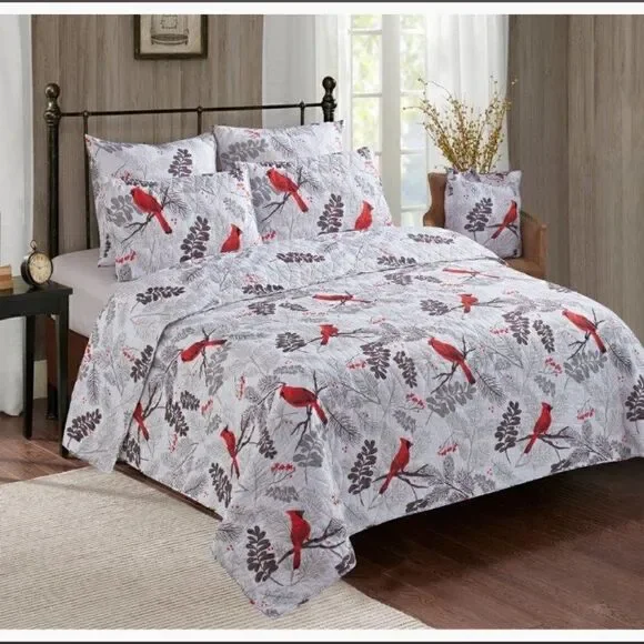NEW! Red Cardinals Farmhouse Printed QUEEN Quilt Set with matching Tote Boho