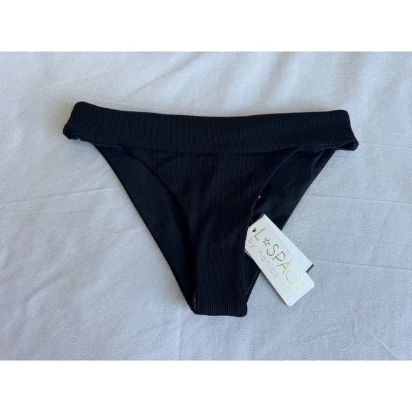L Space Veronica Black Ribbed Bikini Bottom RHVEC18 Women Medium NEW Swim Beach