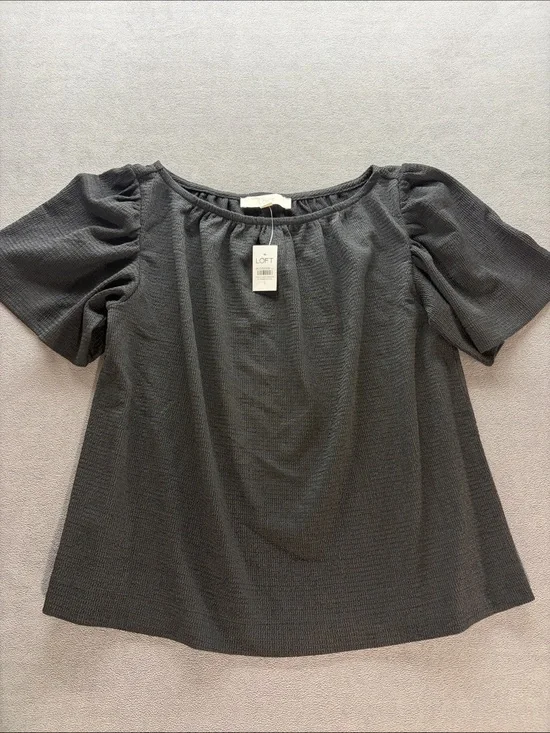 LOFT Charcoal Puff Sleeve Scoop Neck Top