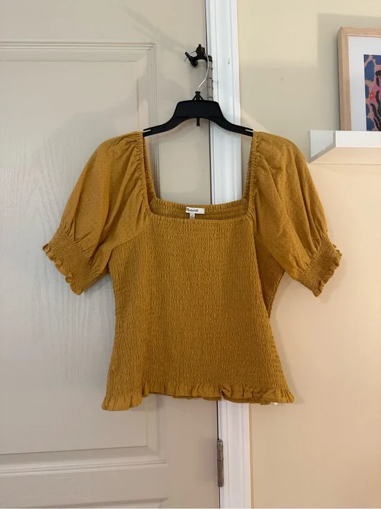 Madewell Mustard Smocked Square-Neck Puff Sleeve Top