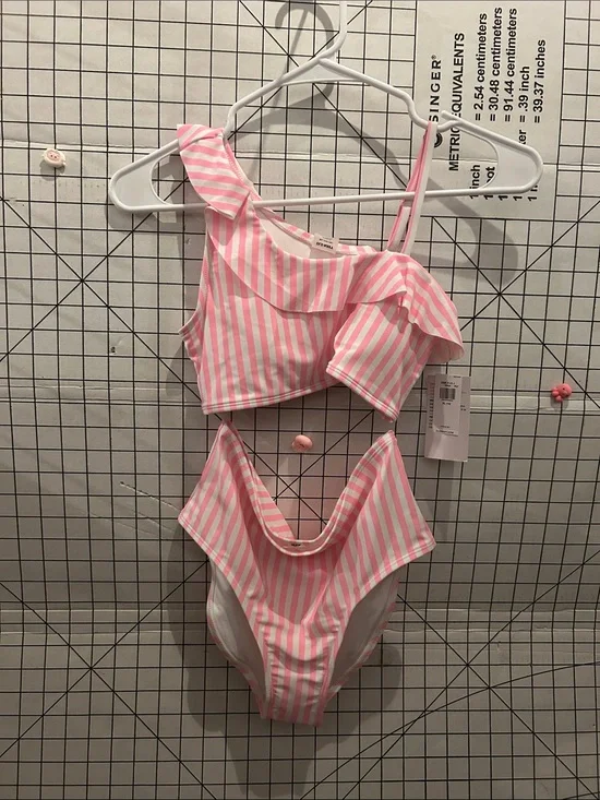 Old Navy Pink and White Striped One-Shoulder Ruffle Two-Piece Swim Set
