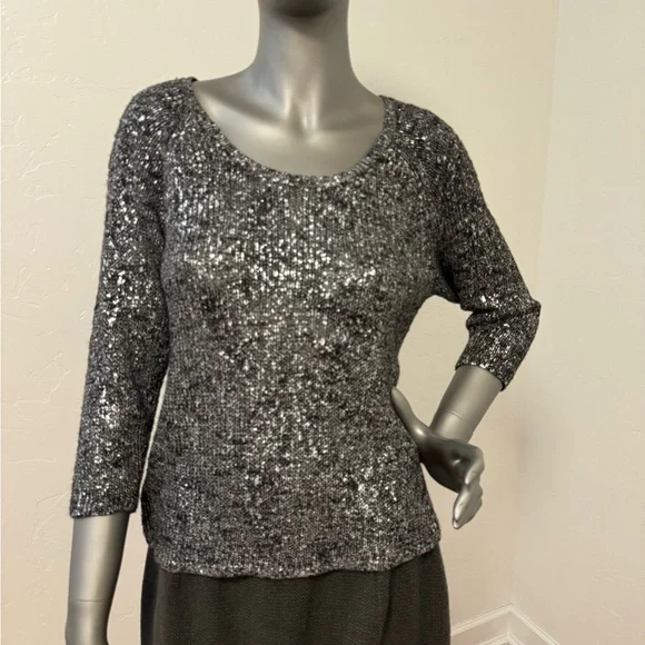 Eileen Fisher Karma Shimmer Metallic Scoop Neck Knit Sweater‎