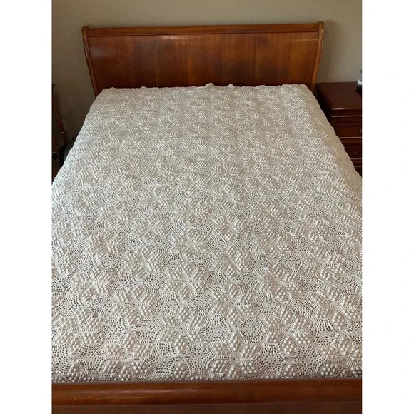 Antique Handmade Crochet Bedspread Cover Popcorn Star Motif Cottagecore Heirloom