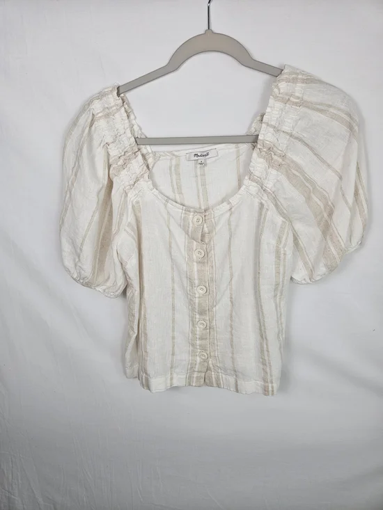Madewell Cream and Tan Striped Puff Sleeve Button-Front Top