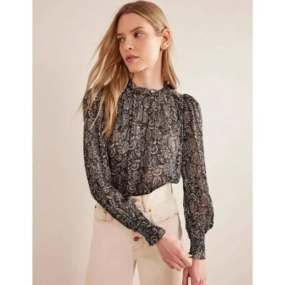 Boden Womens Swing Top UK 14 US 10 Black Paisley Ruffled Cottagecore T1231 NWT
