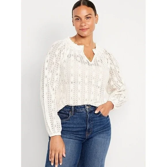 New‎ Old Navy size 2X Cream White Tie Front Lace Crochet Puff Sleeve Top Boho