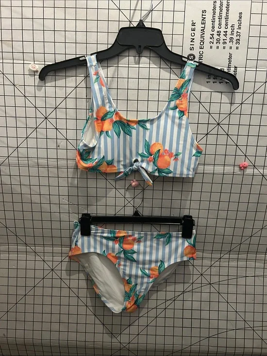 Kids Striped Blue & White Bikini with Orange Floral Print
