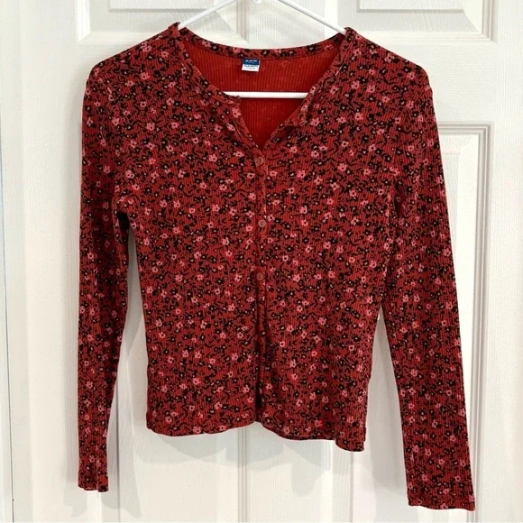 Old Navy Girl Fitted Ribbed Burgundy Black Floral Button-Up Top Sz XL 14/16