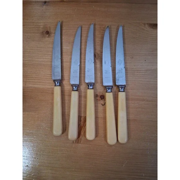 5pc Set Bakelite Pale Yellow Sheffield Steak Knives READ