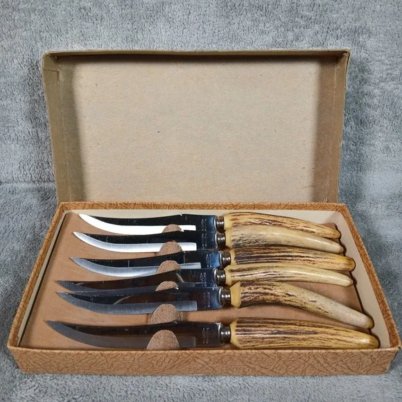 Vintage Voos Steak Knife Set 6pc Stag Handle Style Dining 1954 Dated Mid Century