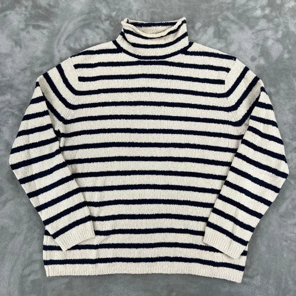 J.Crew Womens Small Ivory Navy Blue Striped Boucle Knit Turtleneck‎ Sweater