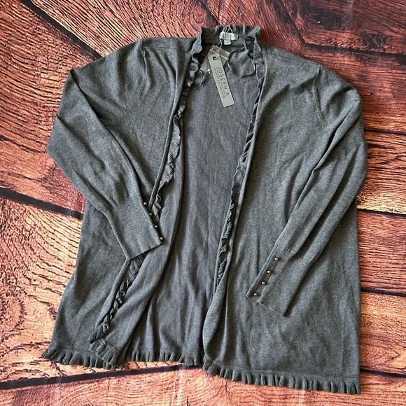 JOSEPH A‎ Women Charcoal Gray Ruffle Long Sleeve Open Front Cardigan Sweater L