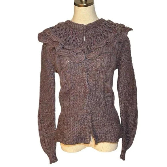 Samantha Starr Wool Blend Sweater Purple Button Ruffle Collar M