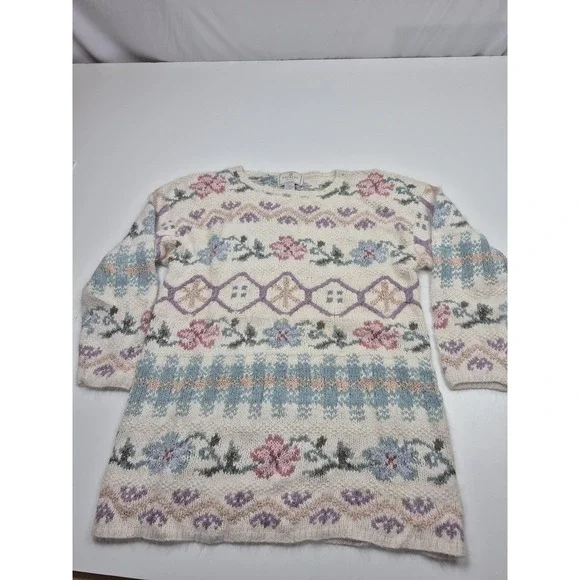 Express Tricot Sweater Womens Medium White Floral Silk Angora Handknit Tunic