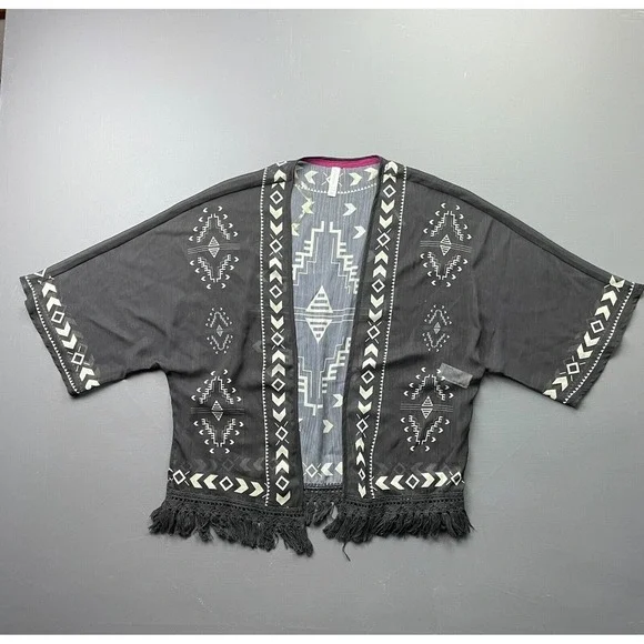 Xhilaration Kimono Cardigan Womens XS Black Fringe Sheer Festival Tribal Kimono