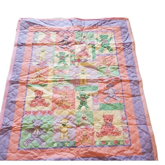 VTG Handmade Baby Quilted‎ Blanket Pastel Bears & Hearts Vintage