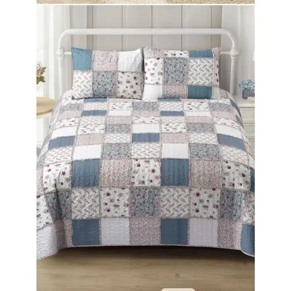 Cottage Farmhouse Patchwork Queen Rag Quilt Set Printed Floral Pattern Country